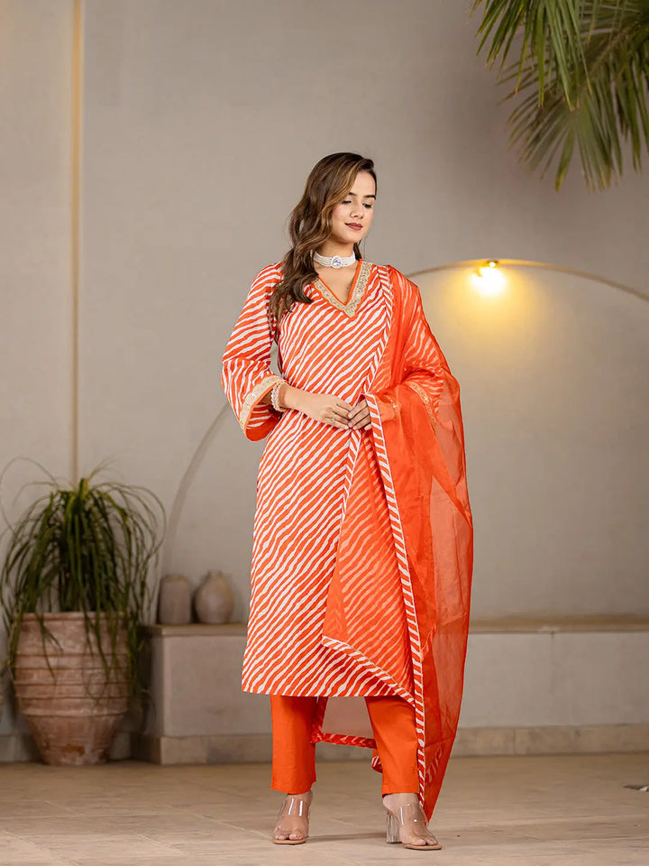 Orange-Cotton-Leheriya-Print-Straight-3-Piece-Kurta-Set