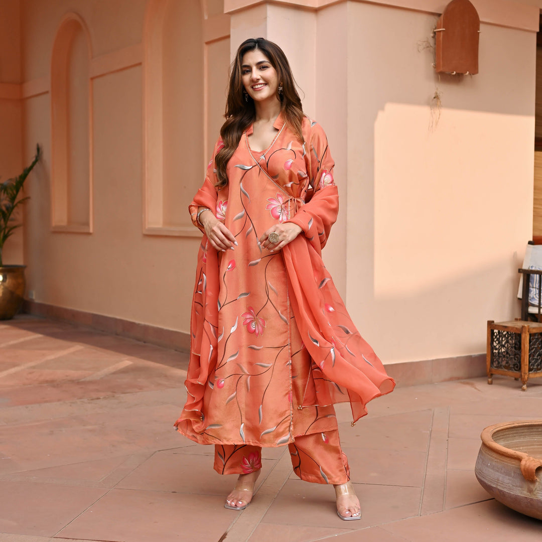 Orange-Muslin-Floral-Printed-Anarkali-Set