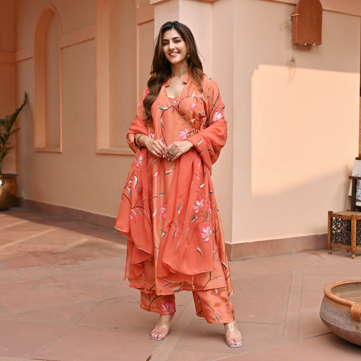 Orange-Muslin-Floral-Printed-Anarkali-Set