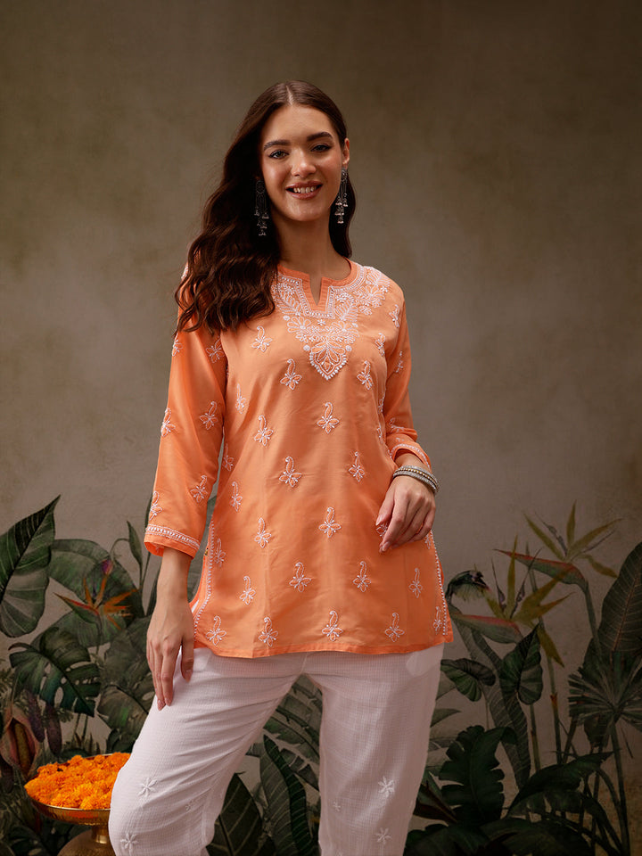 Orange Muslin Lucknowi Chikankari Tunic Only