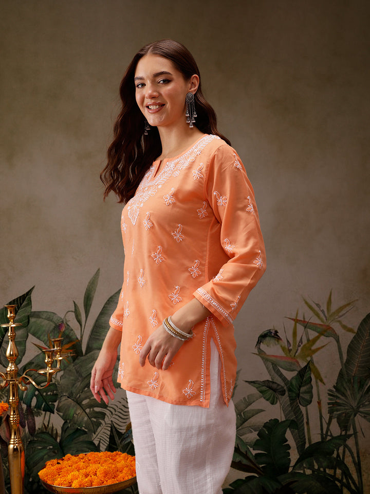 Orange Muslin Lucknowi Chikankari Tunic Only