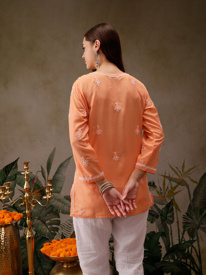 Orange Muslin Lucknowi Chikankari Tunic Only