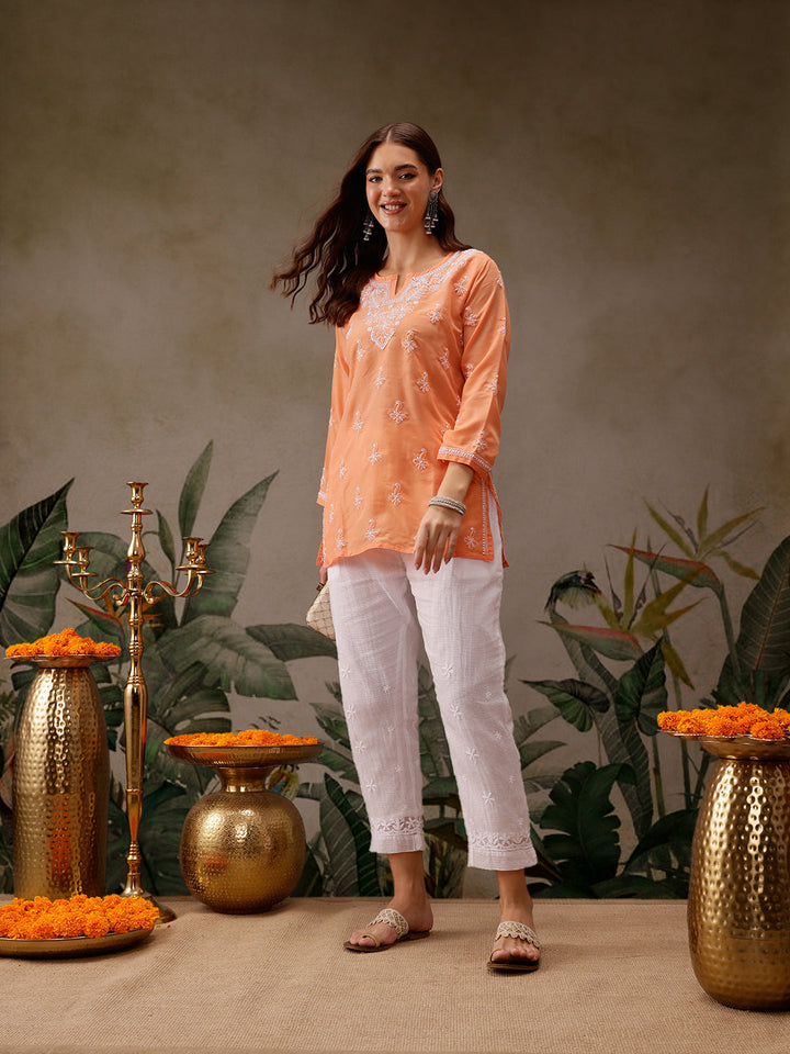 Orange Muslin Lucknowi Chikankari Tunic Only