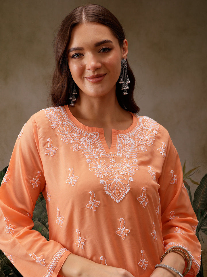 Orange Muslin Lucknowi Chikankari Tunic Only