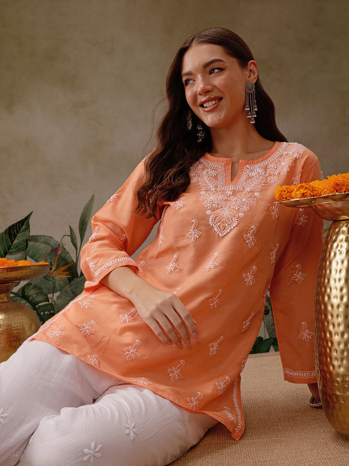 Orange Muslin Lucknowi Chikankari Tunic Only