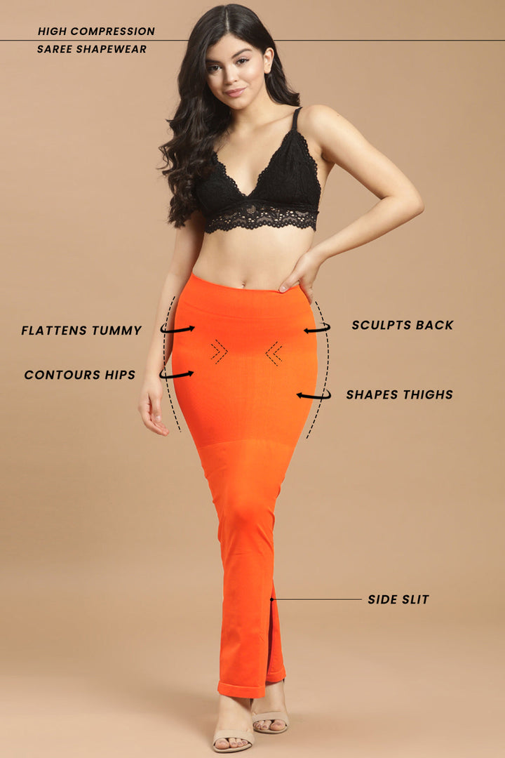 Orange-Nylon-&-Spandex-Saree-Shapewear-Petticoat-With-Side-Slit