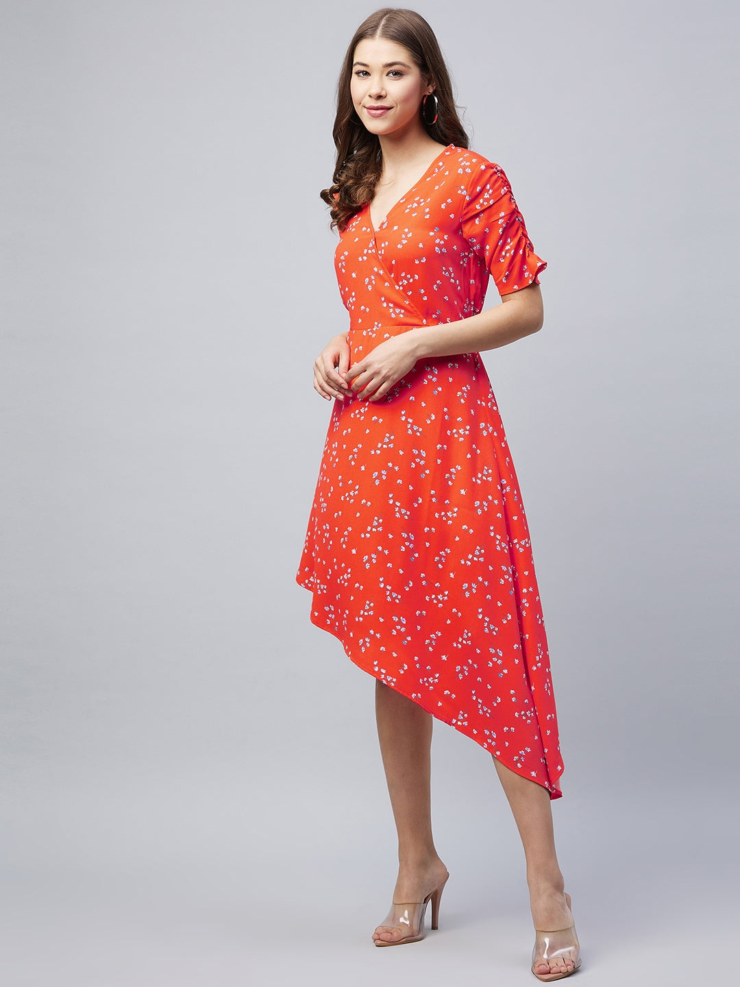 Orange-Polyester-Floral-Printed-V-Neck-Dress