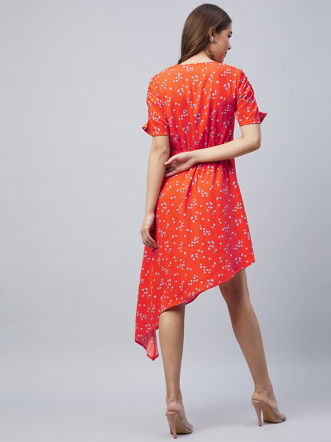 Orange-Polyester-Floral-Printed-V-Neck-Dress