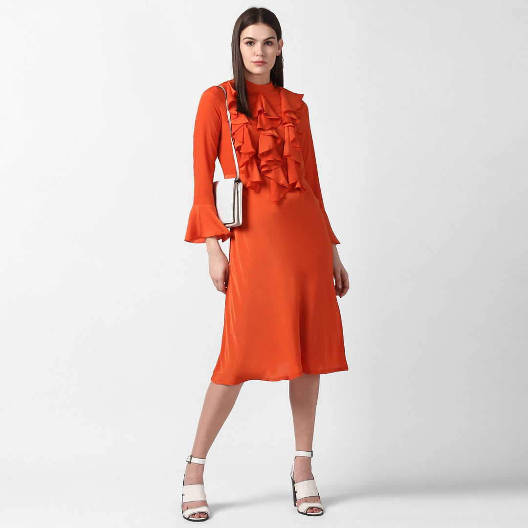 Orange-Polyester-Front-Ruffle-Bell-Sleeve-Dress