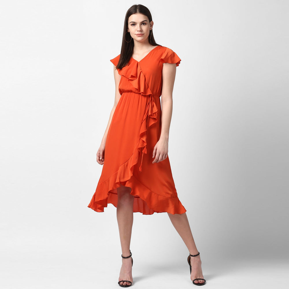 Orange-Polyester-Front-Ruffle-Dress
