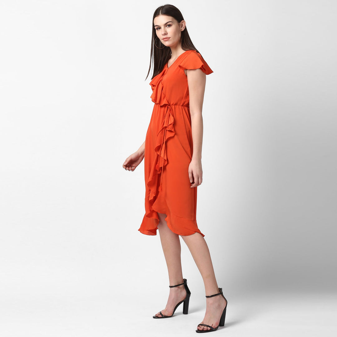 Orange-Polyester-Front-Ruffle-Dress