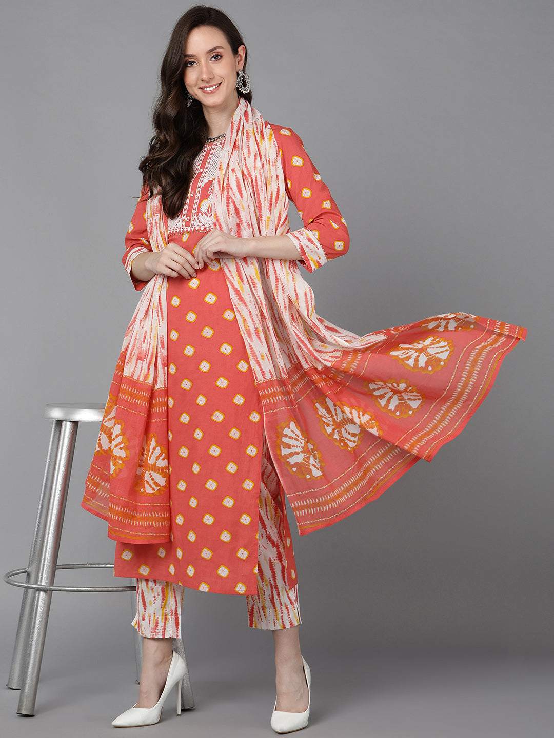 ZERESOUQ-Orange-Rayon-Blend-Bandhani-Embroidered-3-Piece-Kurta-Set