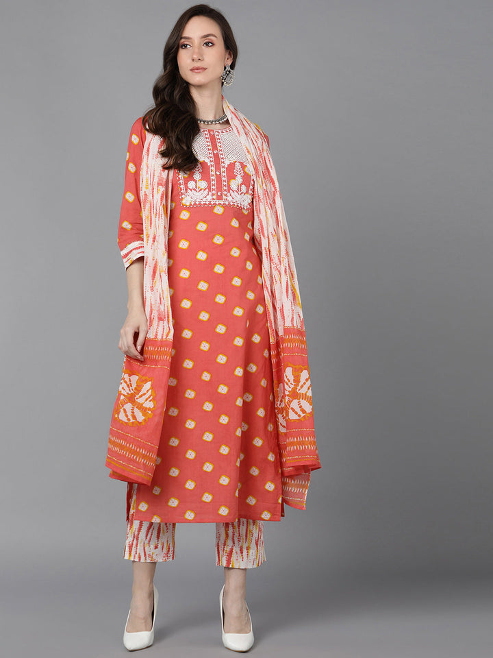 ZERESOUQ-Orange-Rayon-Blend-Bandhani-Embroidered-3-Piece-Kurta-Set