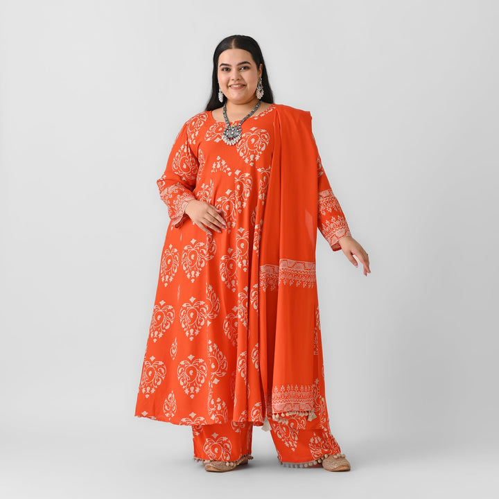 Orange-Rayon-Flared-Pompom-Details-3-Piece-Kurta-Set