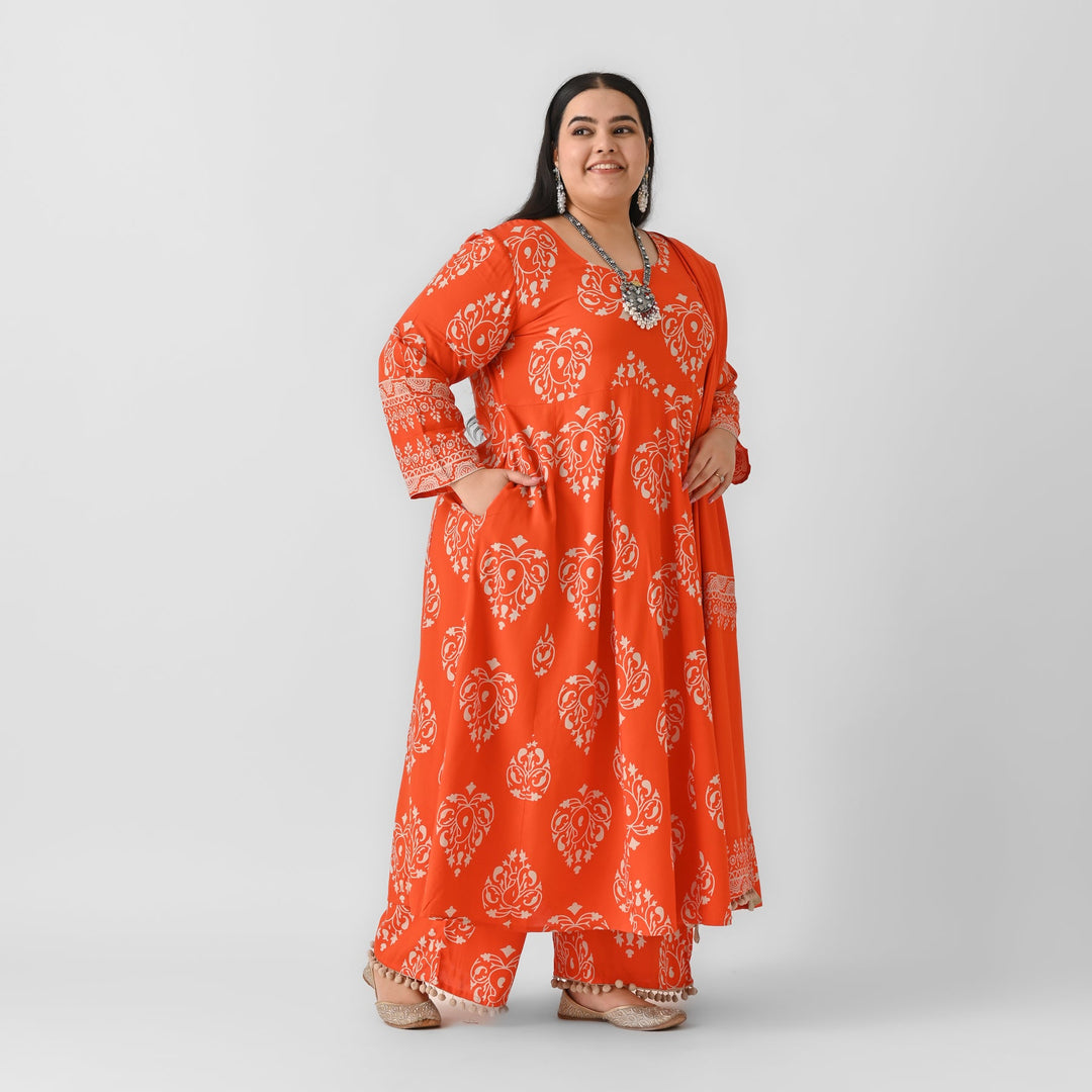 Orange-Rayon-Flared-Pompom-Details-3-Piece-Kurta-Set