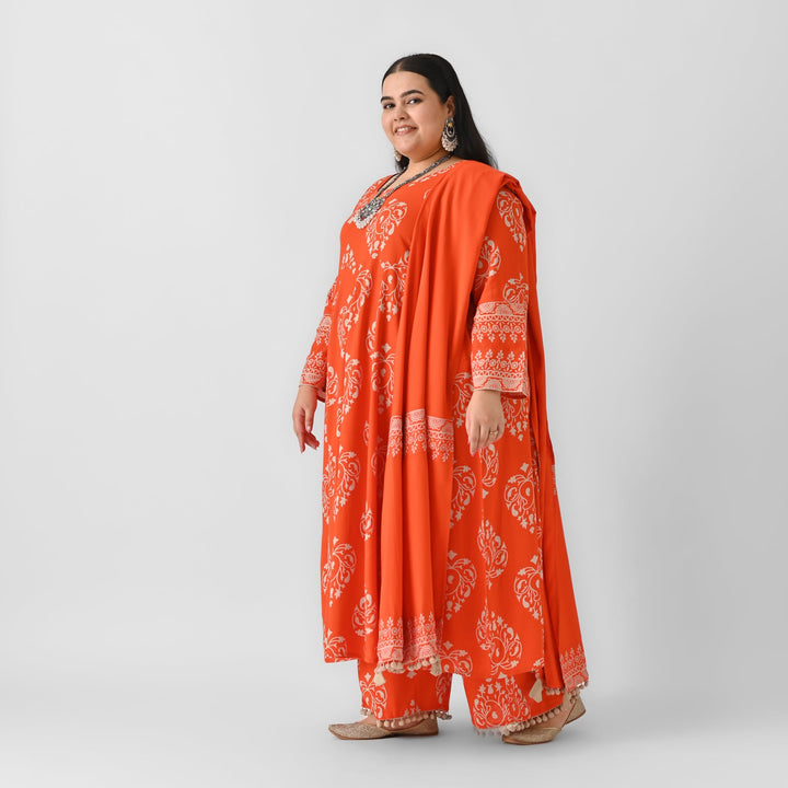 Orange-Rayon-Flared-Pompom-Details-3-Piece-Kurta-Set