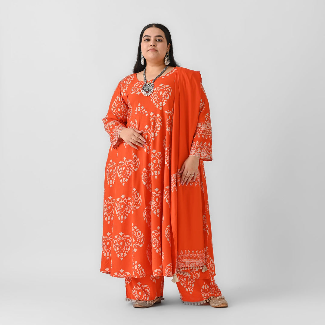 Orange-Rayon-Flared-Pompom-Details-3-Piece-Kurta-Set