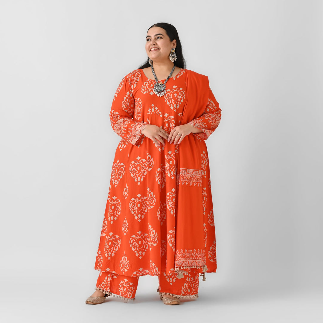 Orange-Rayon-Flared-Pompom-Details-3-Piece-Kurta-Set