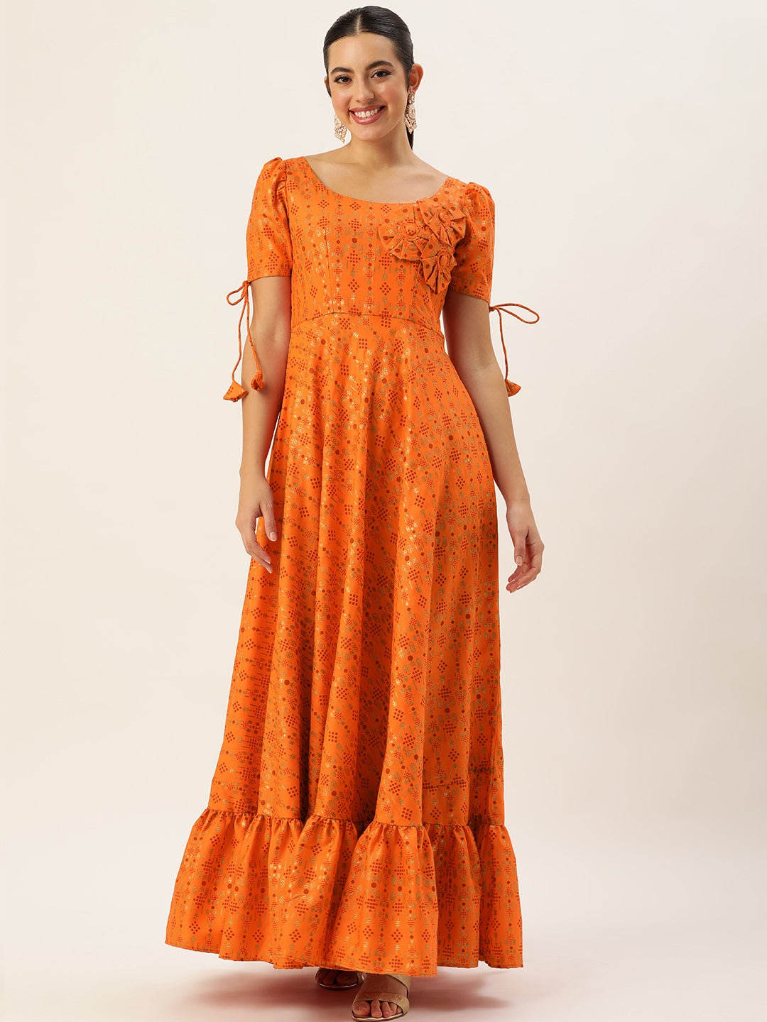 Orange-Rayon-Short-Sleeve-Applique-Design-Gown