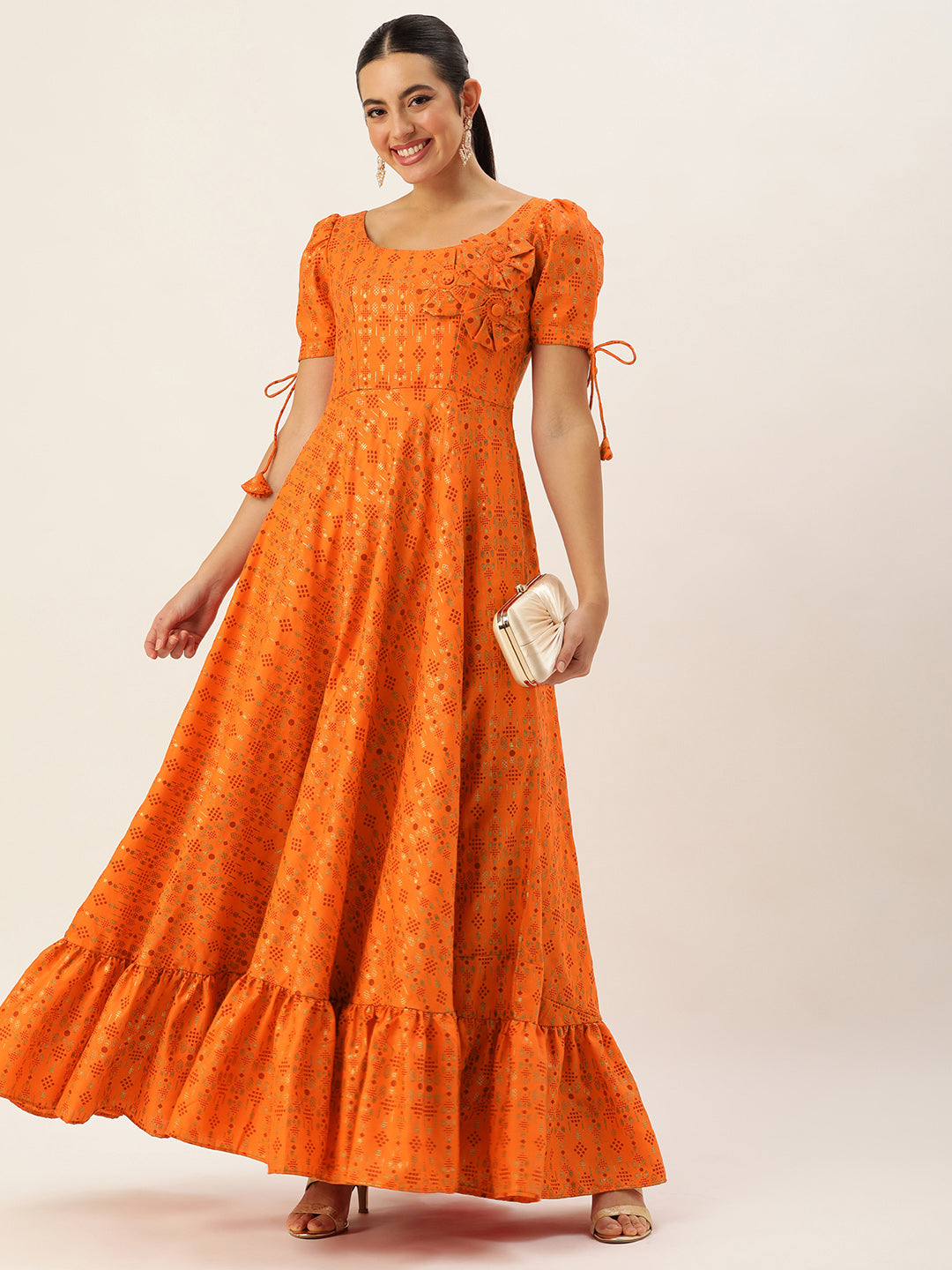 Orange-Rayon-Short-Sleeve-Applique-Design-Gown