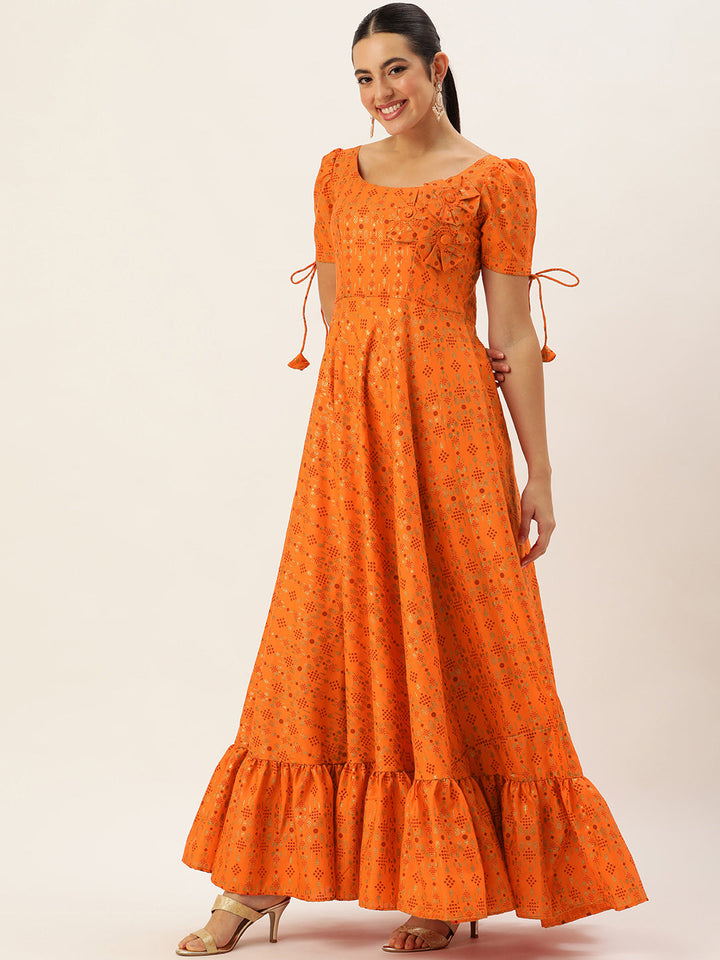 Orange-Rayon-Short-Sleeve-Applique-Design-Gown