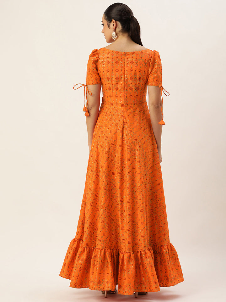 Orange-Rayon-Short-Sleeve-Applique-Design-Gown