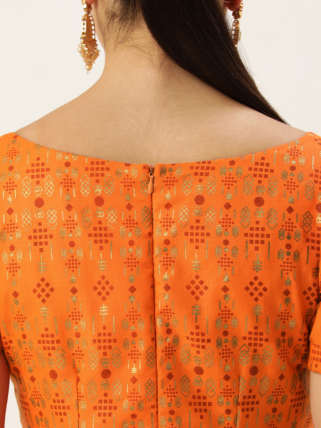 Orange-Rayon-Short-Sleeve-Applique-Design-Gown