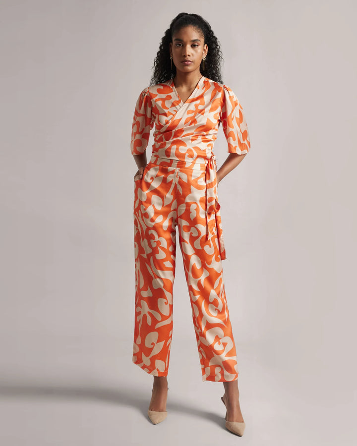 Orange Satin Abstract Print Side Tie-Up Co-Ord Set