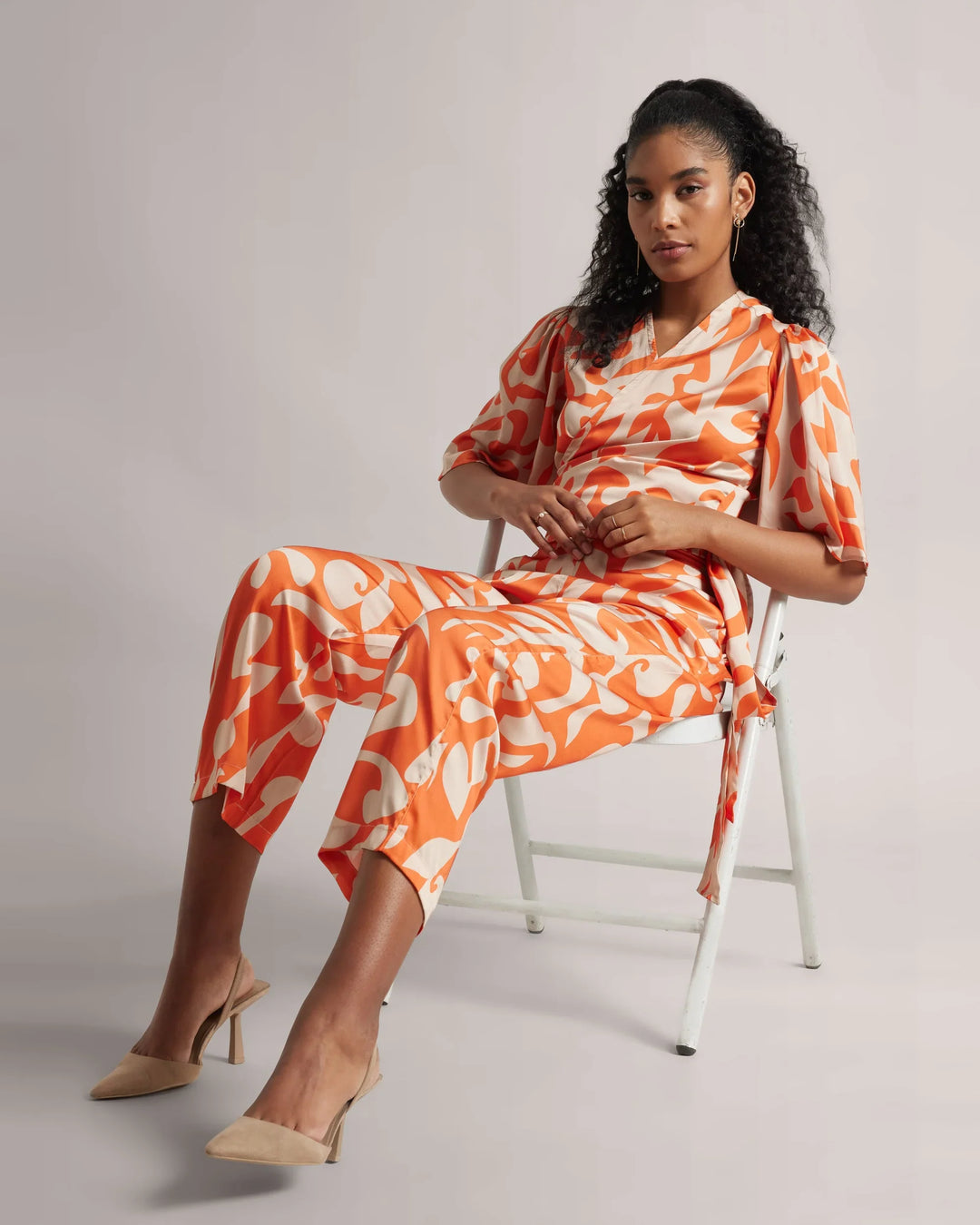 Orange Satin Abstract Print Side Tie-Up Co-Ord Set