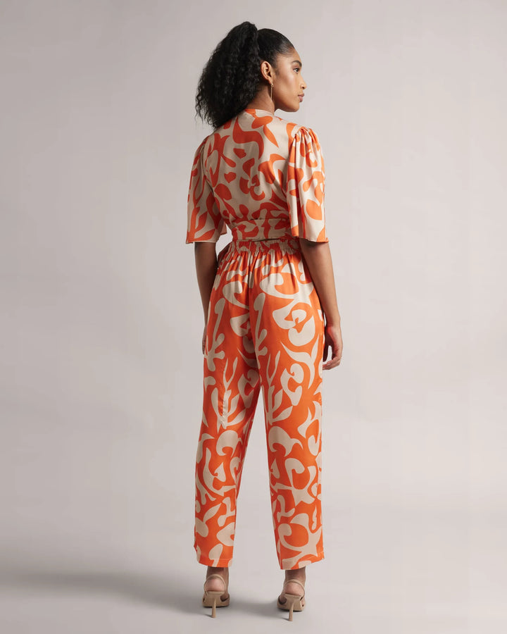 Orange Satin Abstract Print Side Tie-Up Co-Ord Set