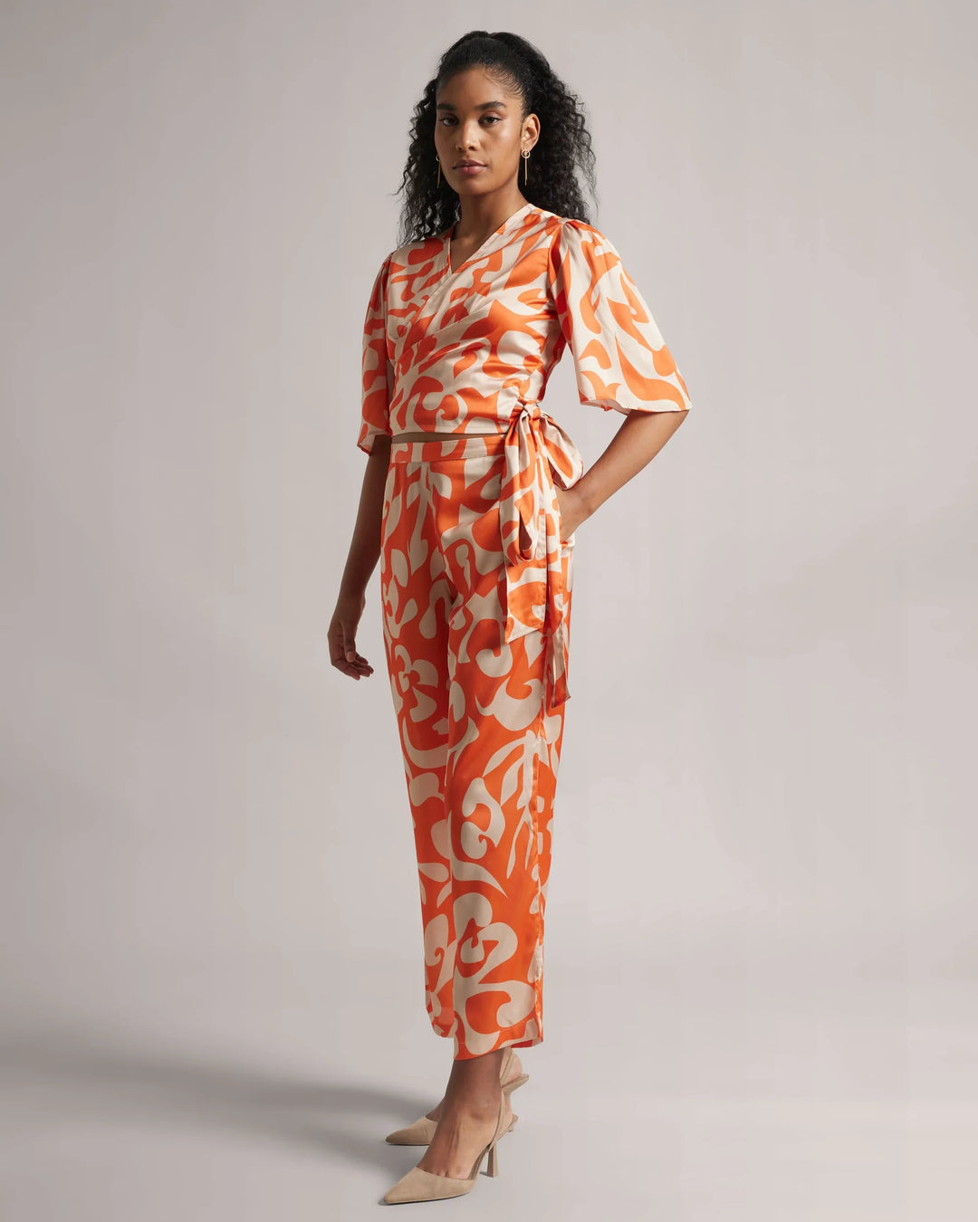 Orange Satin Abstract Print Side Tie-Up Co-Ord Set