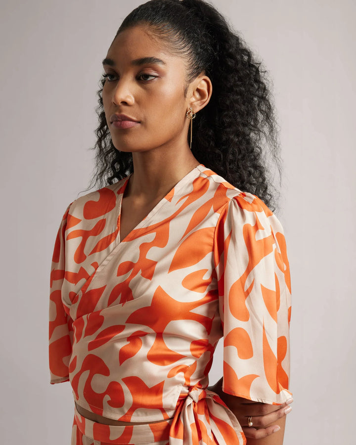 Orange Satin Abstract Print Side Tie-Up Co-Ord Set