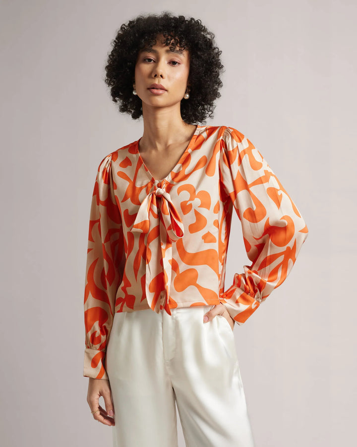 Orange Satin Front Bow Tie-Up Crop Shirt Only