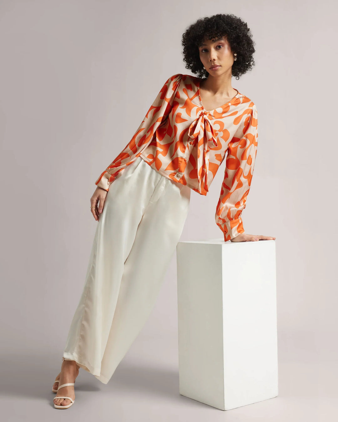 Orange Satin Front Bow Tie-Up Crop Shirt Only