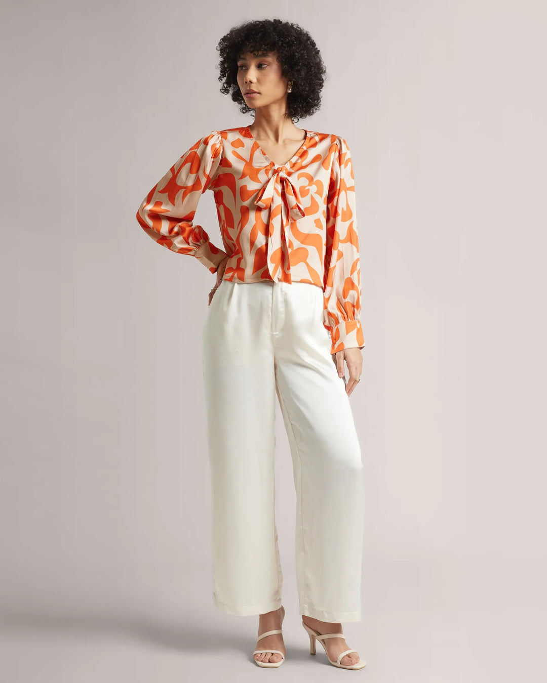 Orange Satin Front Bow Tie-Up Crop Shirt Only