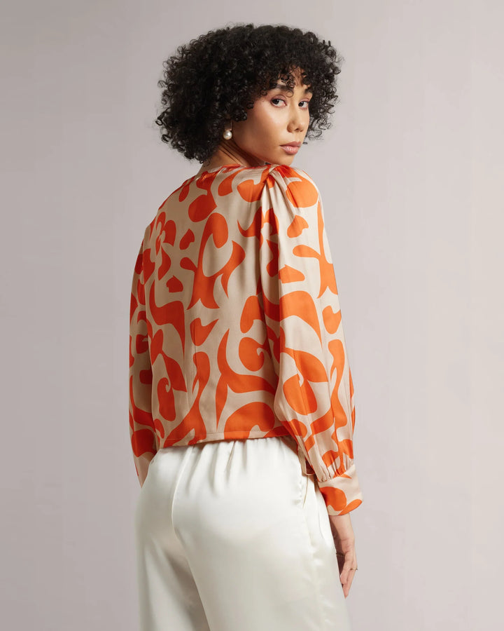 Orange Satin Front Bow Tie-Up Crop Shirt Only