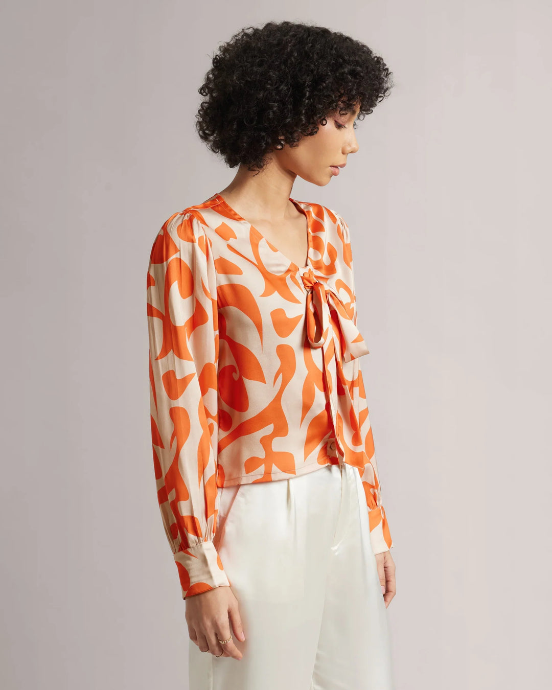 Orange Satin Front Bow Tie-Up Crop Shirt Only