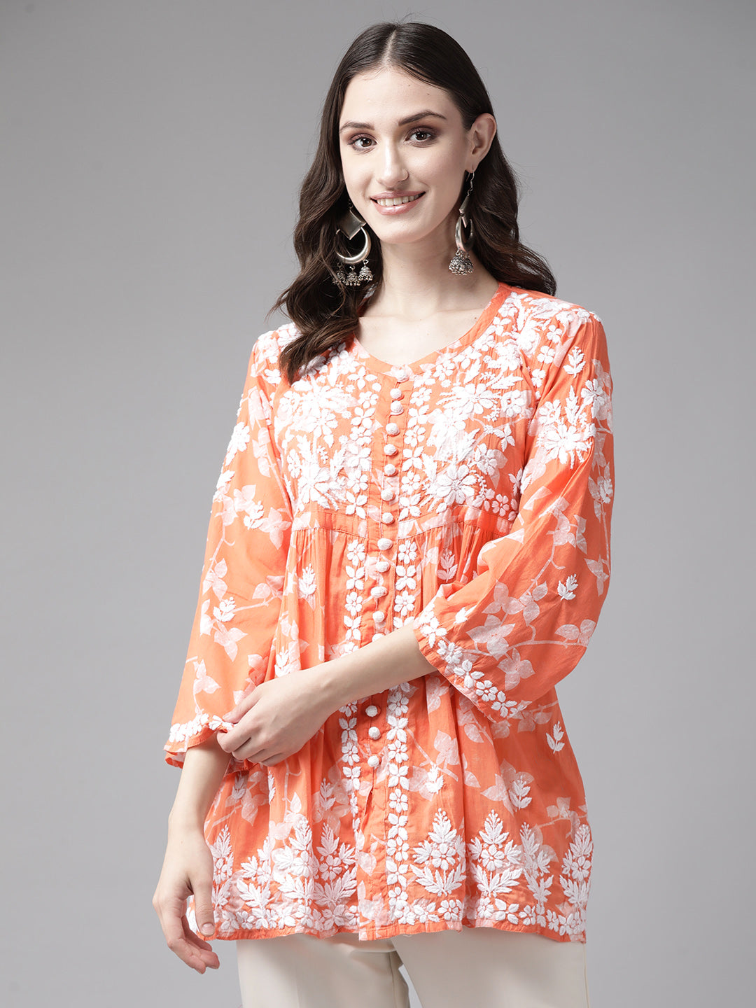 Orange-&-White-Cotton-Floral-Embroidered-Chikankari-Kurti