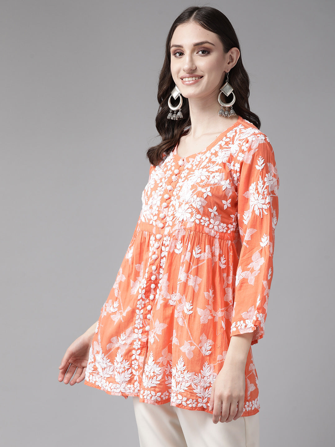 Orange-&-White-Cotton-Floral-Embroidered-Chikankari-Kurti