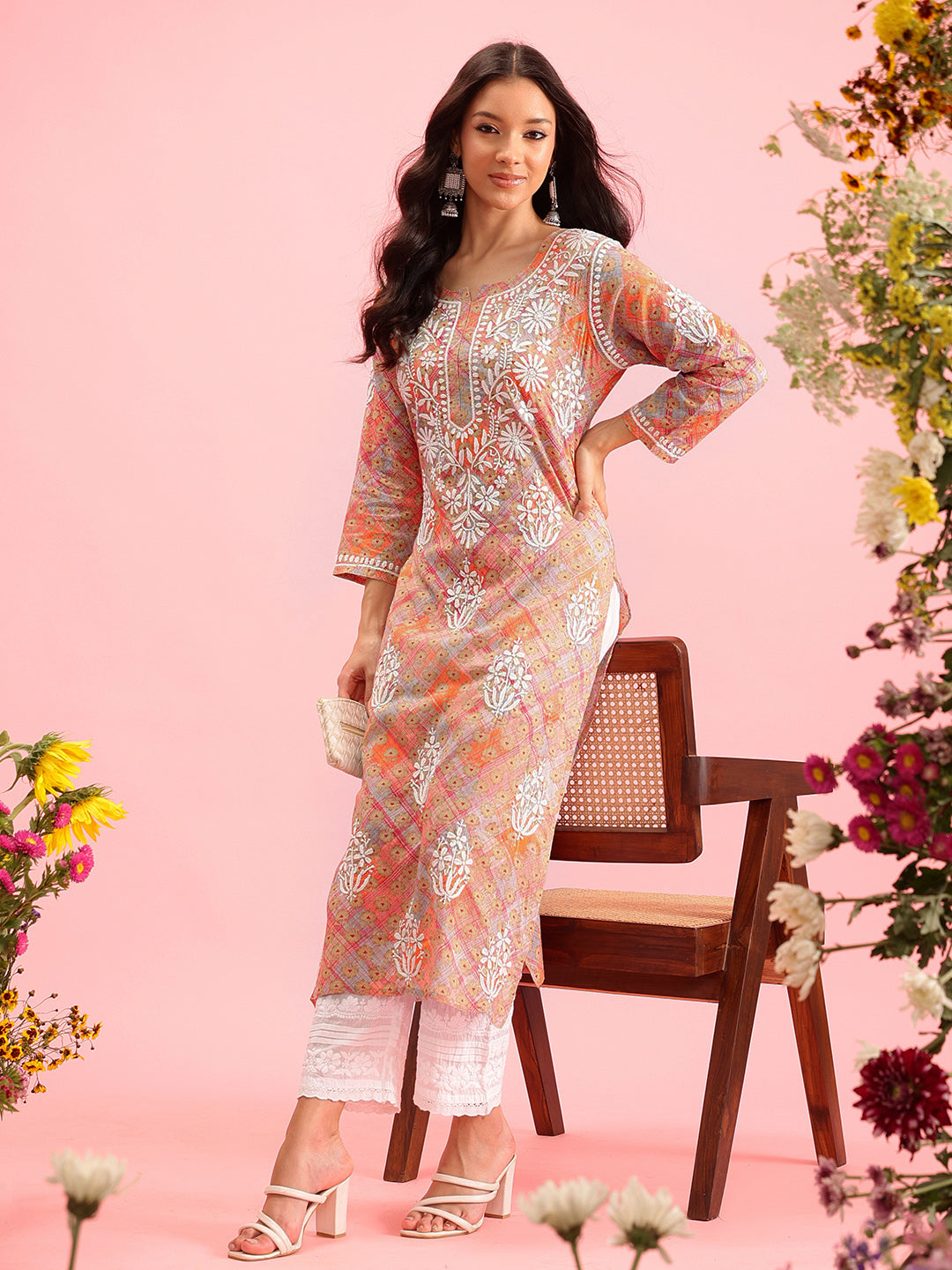 Orange-&-White-Mul-Cotton-Embroidered-Chikankari-Kurta