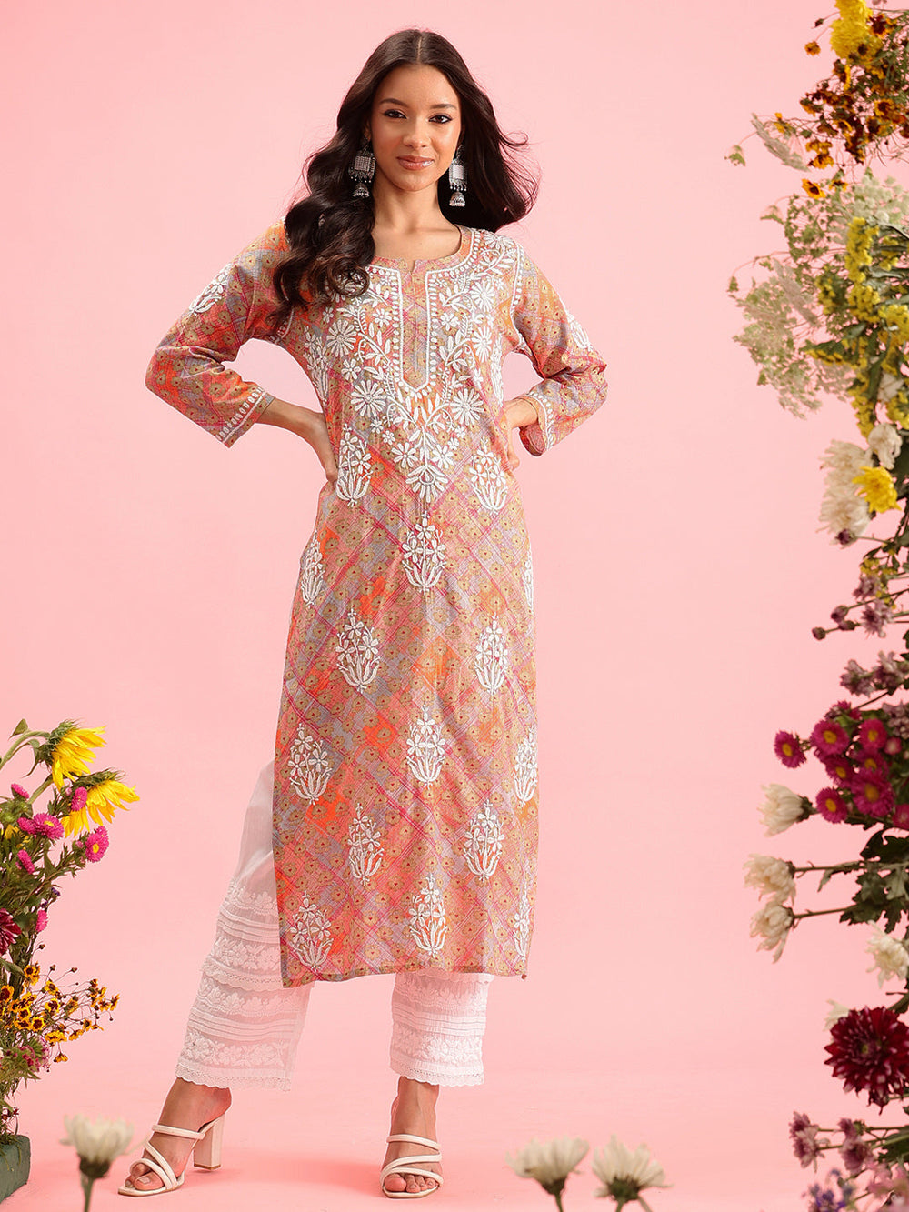 Orange-&-White-Mul-Cotton-Embroidered-Chikankari-Kurta