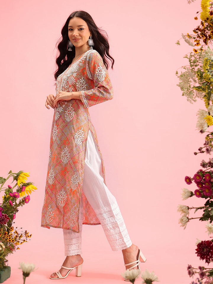 Orange-&-White-Mul-Cotton-Embroidered-Chikankari-Kurta