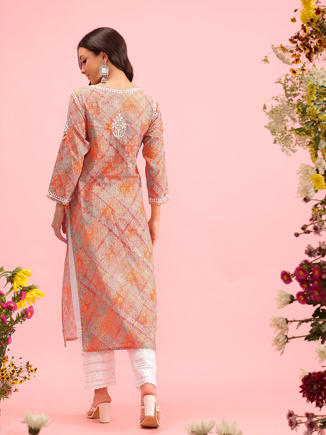 Orange-&-White-Mul-Cotton-Embroidered-Chikankari-Kurta