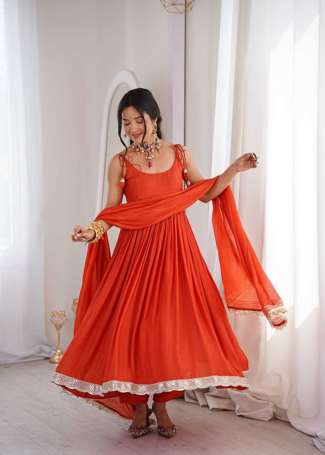 Orange Strappy Anarkali Suit Set