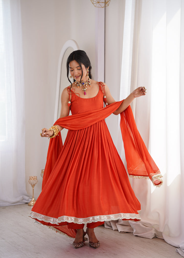 Orange Strappy Anarkali Suit Set