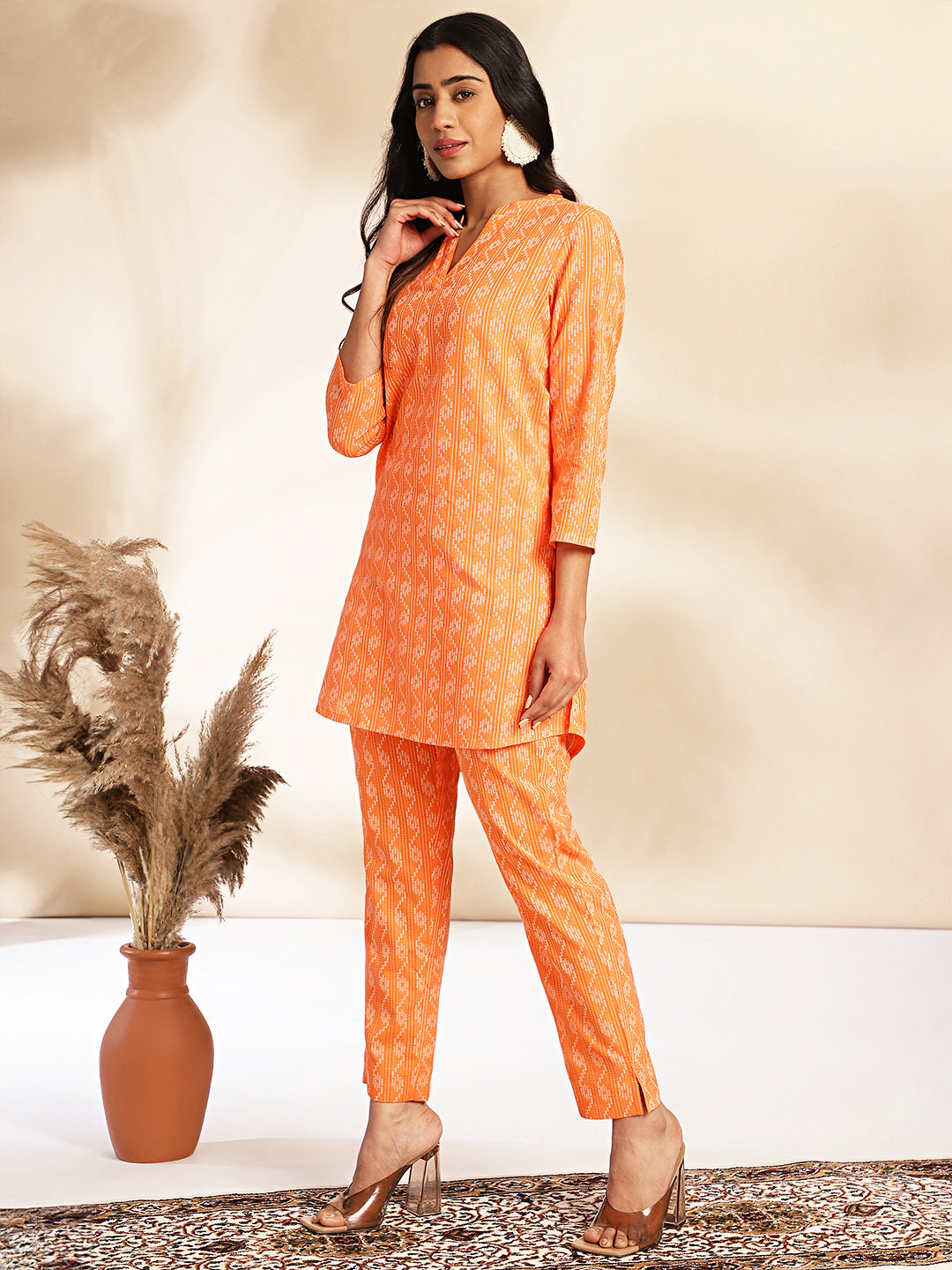 Orange Cotton Woven Design Co-Ord Set