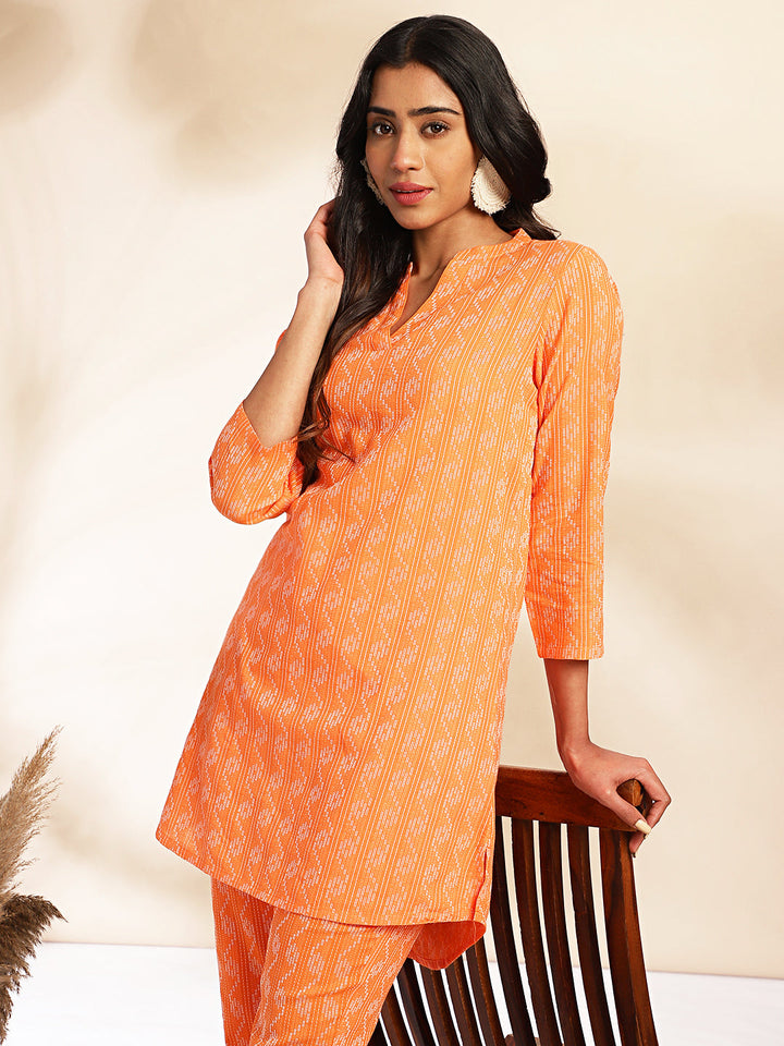 Orange Cotton Woven Design Co-Ord Set