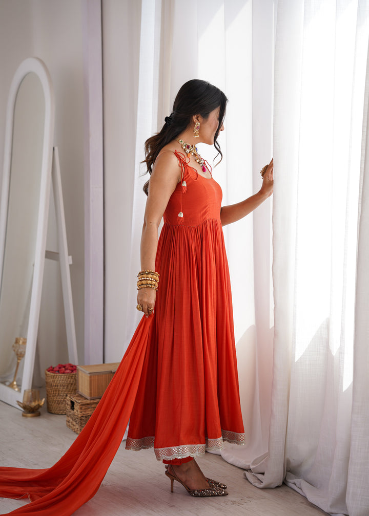 Orange Strappy Anarkali Suit Set