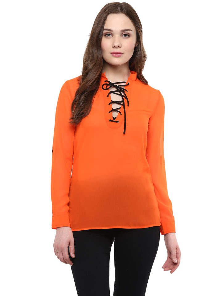 Orange-Poly-Georgette-Black-Lace-Up-Top