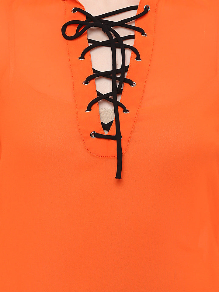Orange-Poly-Georgette-Black-Lace-Up-Top